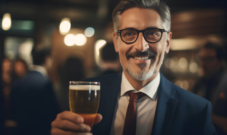 Portrait of a smiling senior businessman holding a glass of beer in a pubの素材