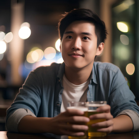 young asian man drinking beer in the pub at night, lifestyle conceptの素材