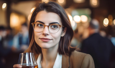 Portrait of a beautiful young woman in glasses holding a glass of whiskyの素材
