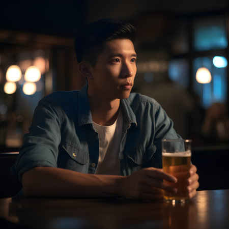 young asian man drinking beer at bar counter in night club.の素材