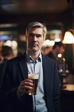 Handsome mature man drinking beer in a pub or restaurant.の素材