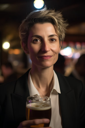 Portrait of a beautiful woman drinking beer in a pub at nightの素材