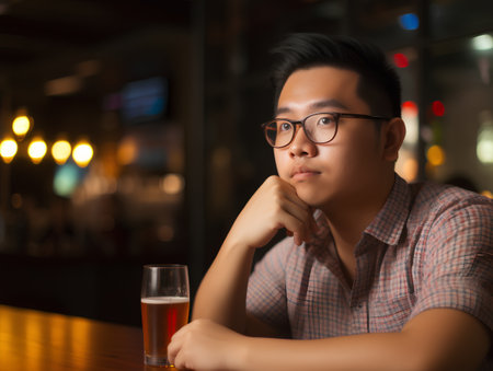 Young Asian man drinking beer in a pub. Indoors portrait.の素材