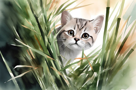 Watercolor portrait of a cat in the grass. Hand-drawn illustration.の素材