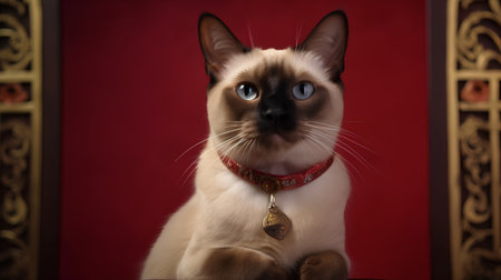 Siamese cat with a red collar on a red background.の素材