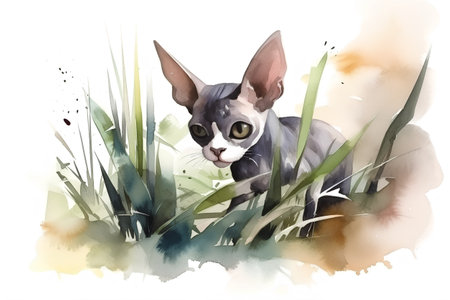 Watercolor portrait of a sphynx cat in the grassの素材