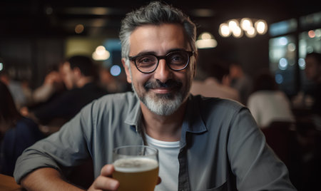 Portrait of a handsome middle-aged man drinking beer in a pubの素材
