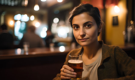 Beautiful young woman drinking beer in a pub, shallow depth of fieldの素材