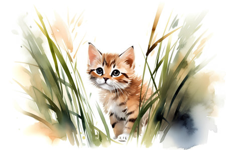 Cute kitten in the grass. Watercolor illustration on white background.の素材