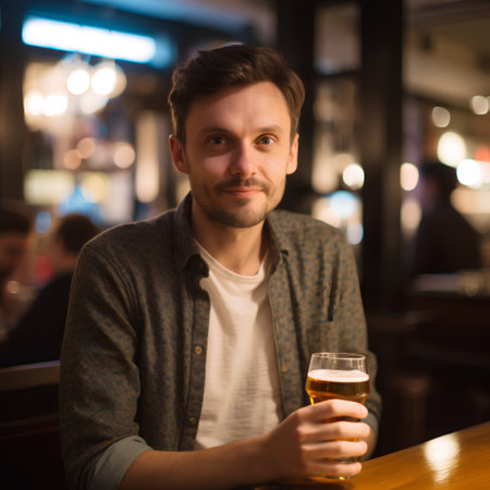 Handsome young man drinking beer in a pub. Shallow depth of field.の素材