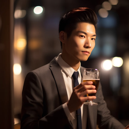 young asian man toasting with a glass of champagne at nightの素材