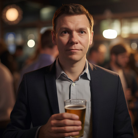 Portrait of a handsome man drinking beer in a pub, looking at camera.の素材