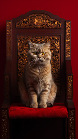 Portrait of scottish fold cat sitting on red chair.の素材