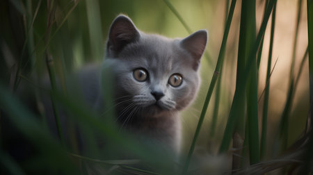Portrait of a gray kitten on a background of green grass.の素材