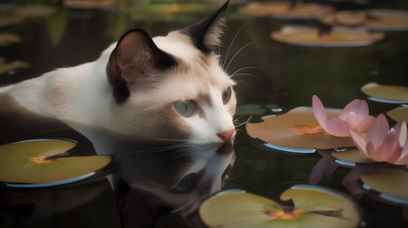 Cat and lotus flower in the pond, Thailand. ( Filtered image processed vintage effect. )の素材