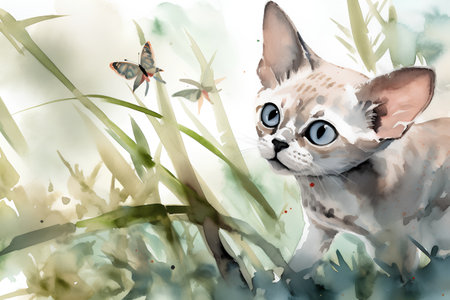 Watercolor portrait of a cat on a background of grass and butterfliesの素材