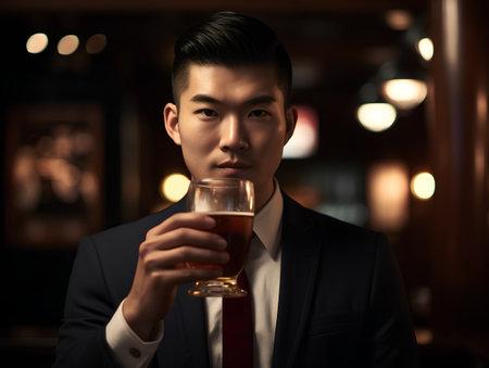 young asian man in suit with a glass of whiskey at barの素材