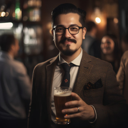 Portrait of a handsome young man drinking beer in a pub.の素材