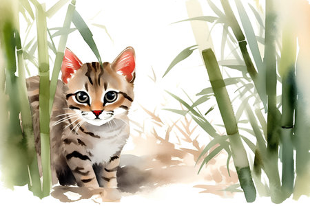 Watercolor illustration of a cat in a bamboo forest on a white backgroundの素材