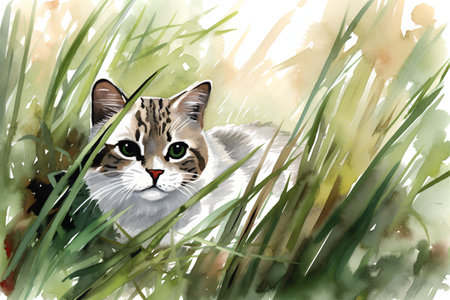 Watercolor portrait of a cat in the grass. Hand drawn illustrationの素材