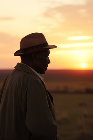 African american man in hat and coat looking away at sunset.の素材