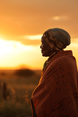 Portrait of an African woman with a scarf on her head at sunsetの素材