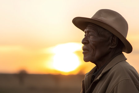 Portrait of an elderly man in a hat on a sunset background.の素材