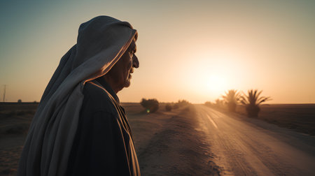Arabic man in traditional clothes walking in the desert at sunset.の素材