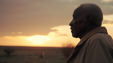 Portrait of an old man with a beautiful sunset in the backgroundの素材
