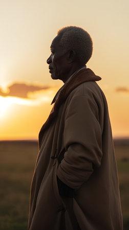 Portrait of an African man in a brown coat and hat at sunsetの素材
