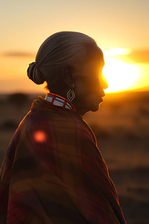 Rear view of an African woman in traditional clothes at sunset.の素材
