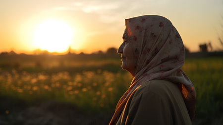 Muslim woman in the rice field at sunset. Selective focus.の素材