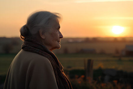 Portrait of an elderly woman on the background of the setting sun.の素材