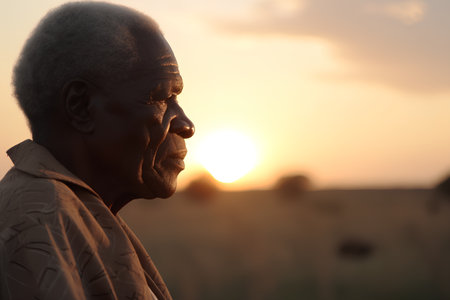 Portrait of an elderly African man standing in a field at sunset.の素材