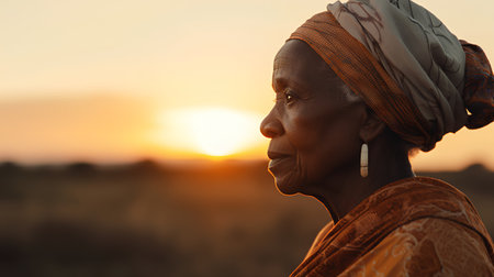 Portrait of an elderly African woman in traditional clothes and earphones standing in the field at sunset.の素材