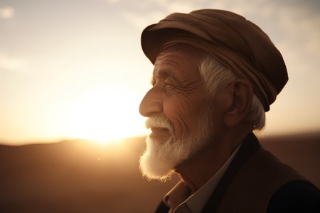 Portrait of senior man with white beard and turban on sunset backgroundの素材