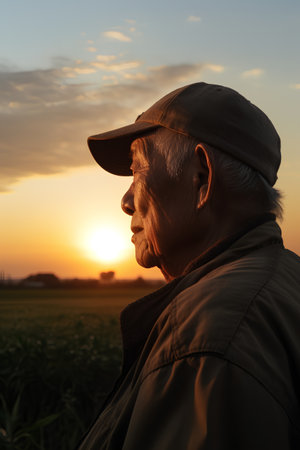 Senior asian man wearing hat and jacket standing in wheat field at sunsetの素材