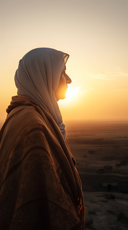 Silhouette of a muslim woman with hijab in the desert at sunsetの素材