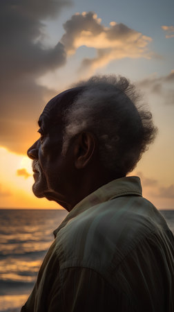 Portrait of an African-American man at sunset on the beachの素材