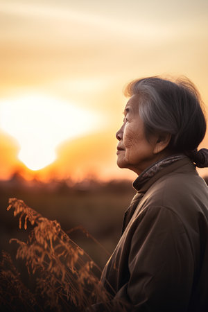 Portrait of an elderly asian woman in the field at sunsetの素材