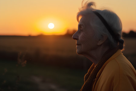 Portrait of an elderly woman on a background of the setting sun.の素材