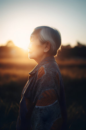 Portrait of a senior woman in the field at sunset. Mature woman with gray hair.の素材