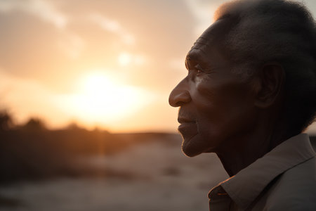 Portrait of an african american man in the desert at sunsetの素材