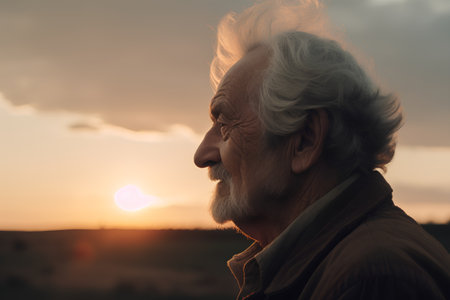 Portrait of a senior man with gray hair and beard at sunsetの素材