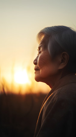 Elderly woman on the field at sunset. Portrait of a happy elderly woman.の素材