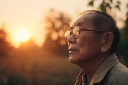Portrait of asian senior man with eyeglasses at sunsetの素材