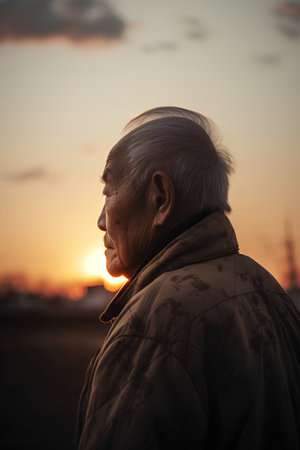 Portrait of an elderly asian man looking at the sunset.の素材