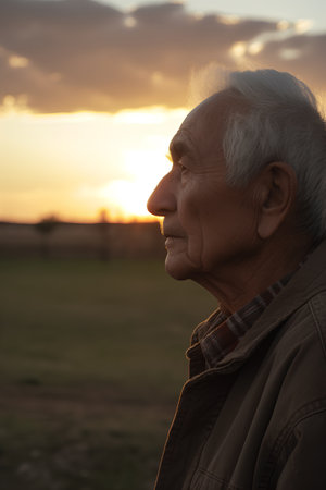 Portrait of an old man in the field at sunset, looking awayの素材