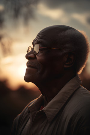 Portrait of a senior African man with glasses outdoors at sunset.の素材