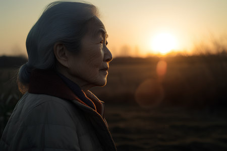 Portrait of an elderly asian woman in the field at sunsetの素材